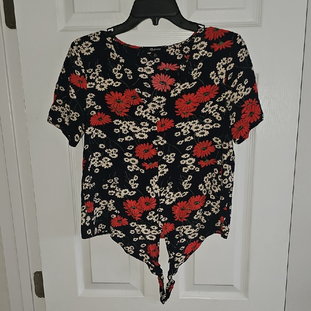 Madewell Black Floral Blouse with Red and Cream Accents